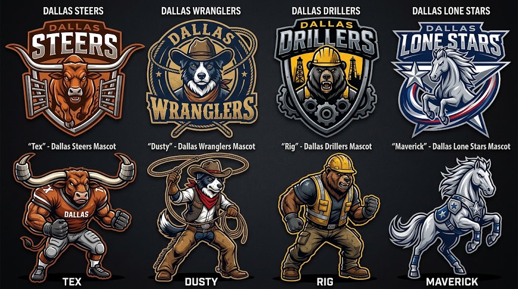 Dallas four candidate logos and mascots, left to right: Steers, mascot Tex; Wranglers, mascot Dusty; Drillers, mascot Rig; Lone Stars, mascot Maverick
