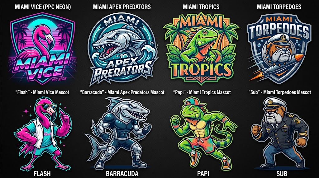 Miami four candidate logos and mascots, left to right: Vice (PPC Neon), mascot Flash; Apex Predators, mascot Barracuda; Tropics, mascot Papi; Torpedoes, mascot Sub