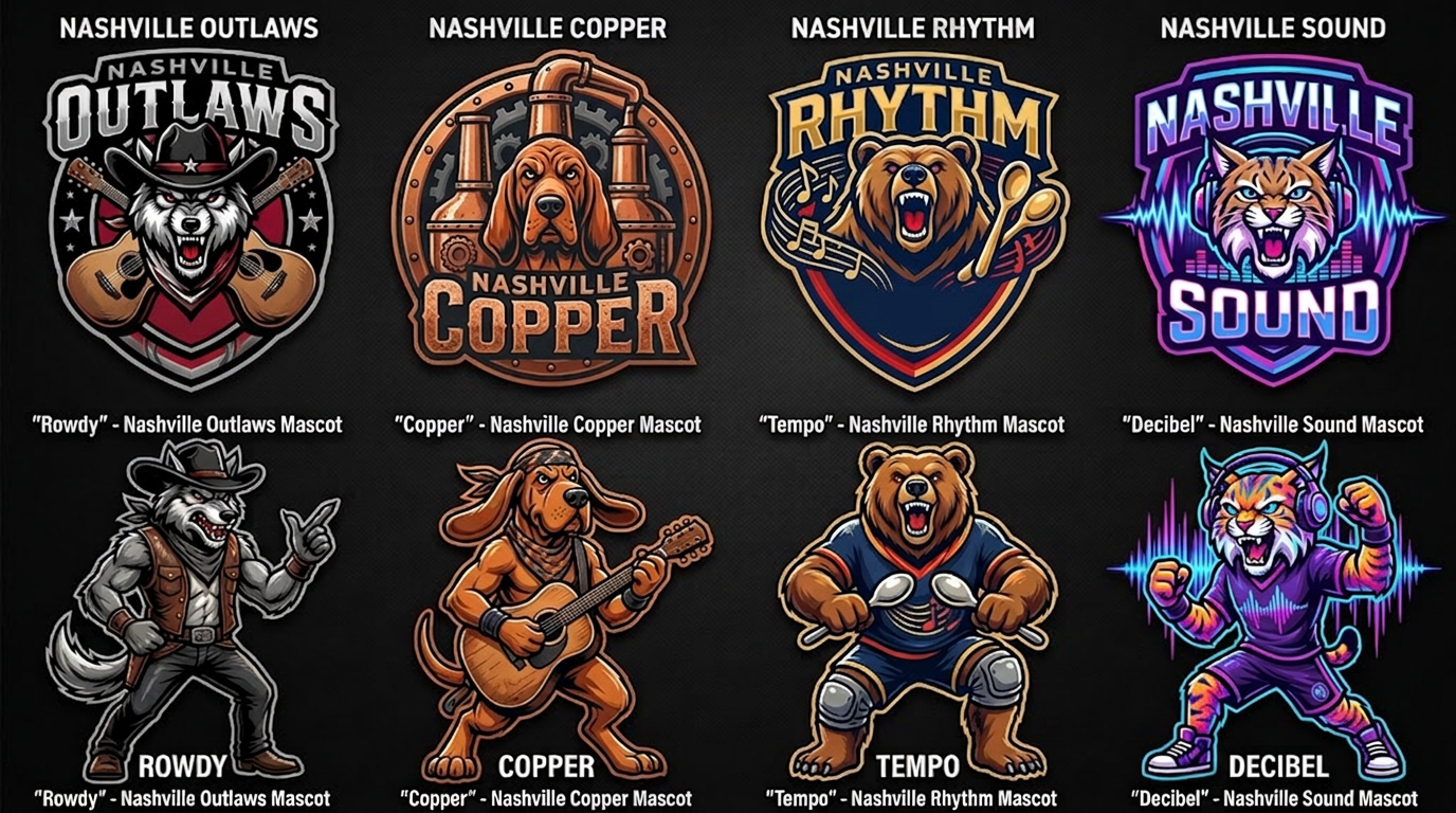 Nashville four candidate logos and mascots, left to right: Outlaws, mascot Rowdy; Copper, mascot Copper; Rhythm, mascot Tempo; Sound, mascot Decibel