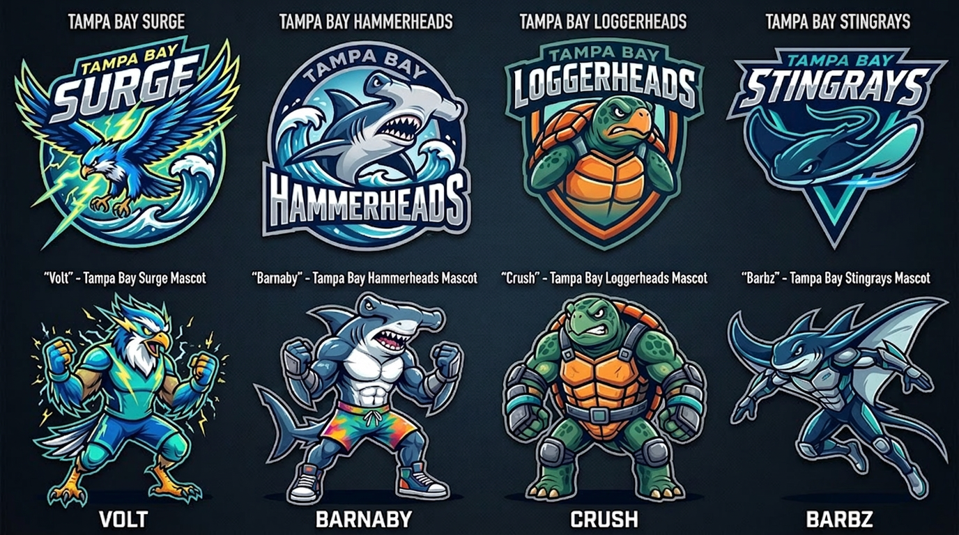 Tampa Bay four candidate logos and mascots, left to right: Surge, mascot Volt; Hammerheads, mascot Barnaby; Loggerheads, mascot Crush; Stingrays, mascot Barbz